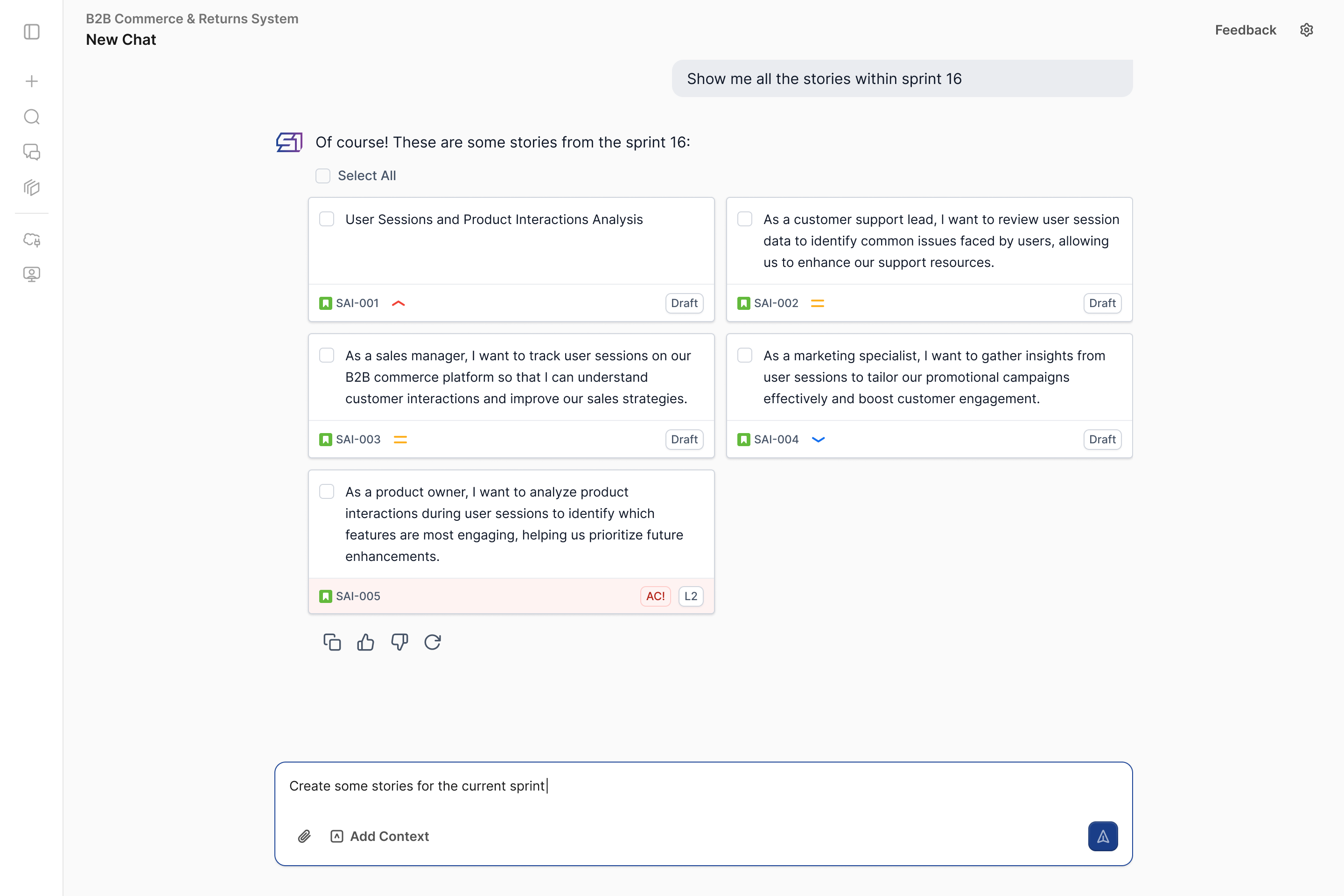 S1 chat generating user stories from project context